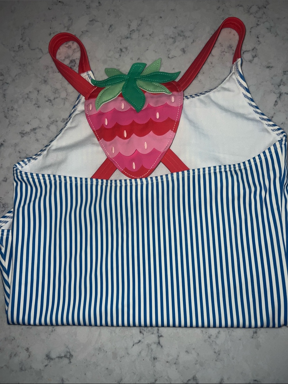 Mini Boden Blue-and-White Stripe Tank with Pink Strawberry